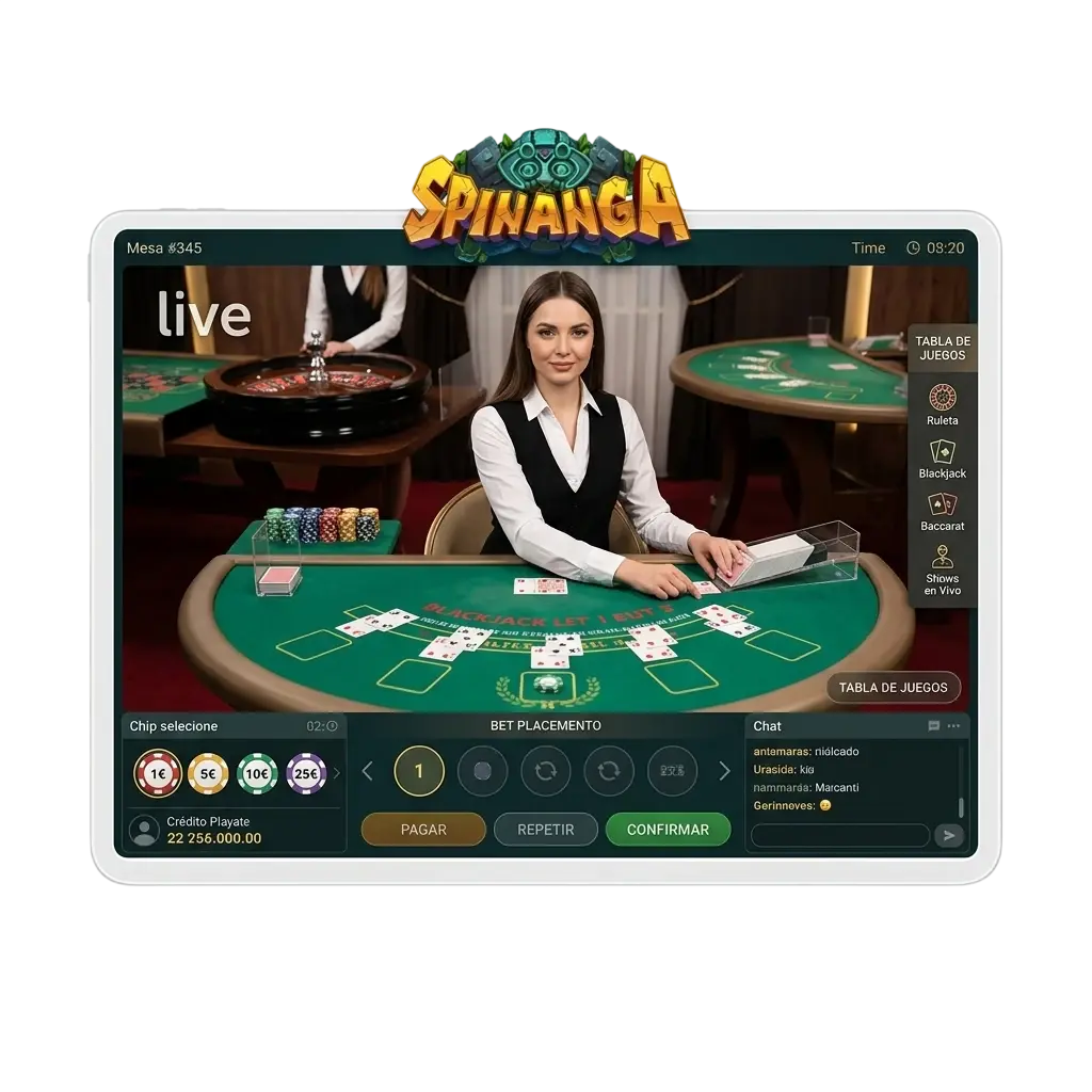 Croupier profesional en estudio de casino en vivo de Spinanga