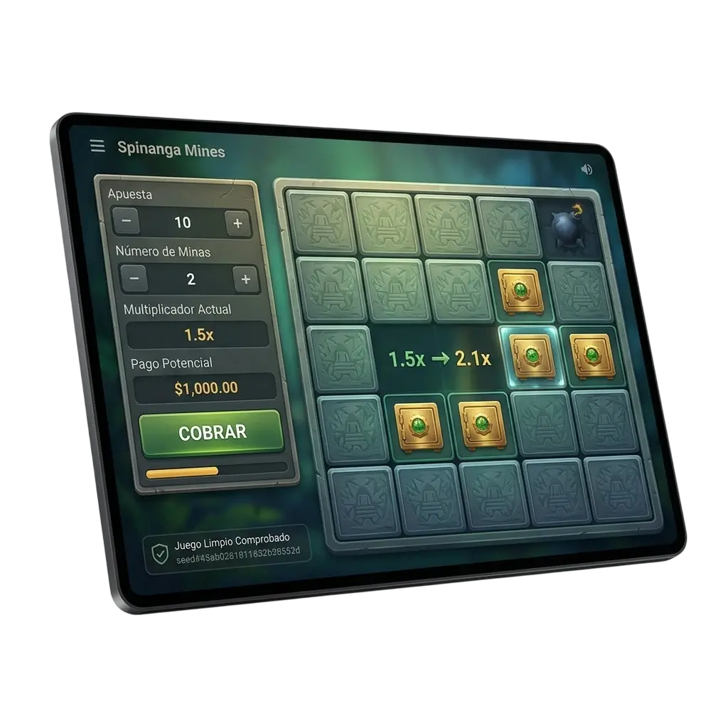 Tablero de Mines en Spinanga con casillas reveladas y multiplicador activo