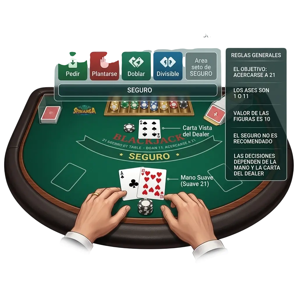 Mesa de blackjack en Spinanga con cartas y fichas