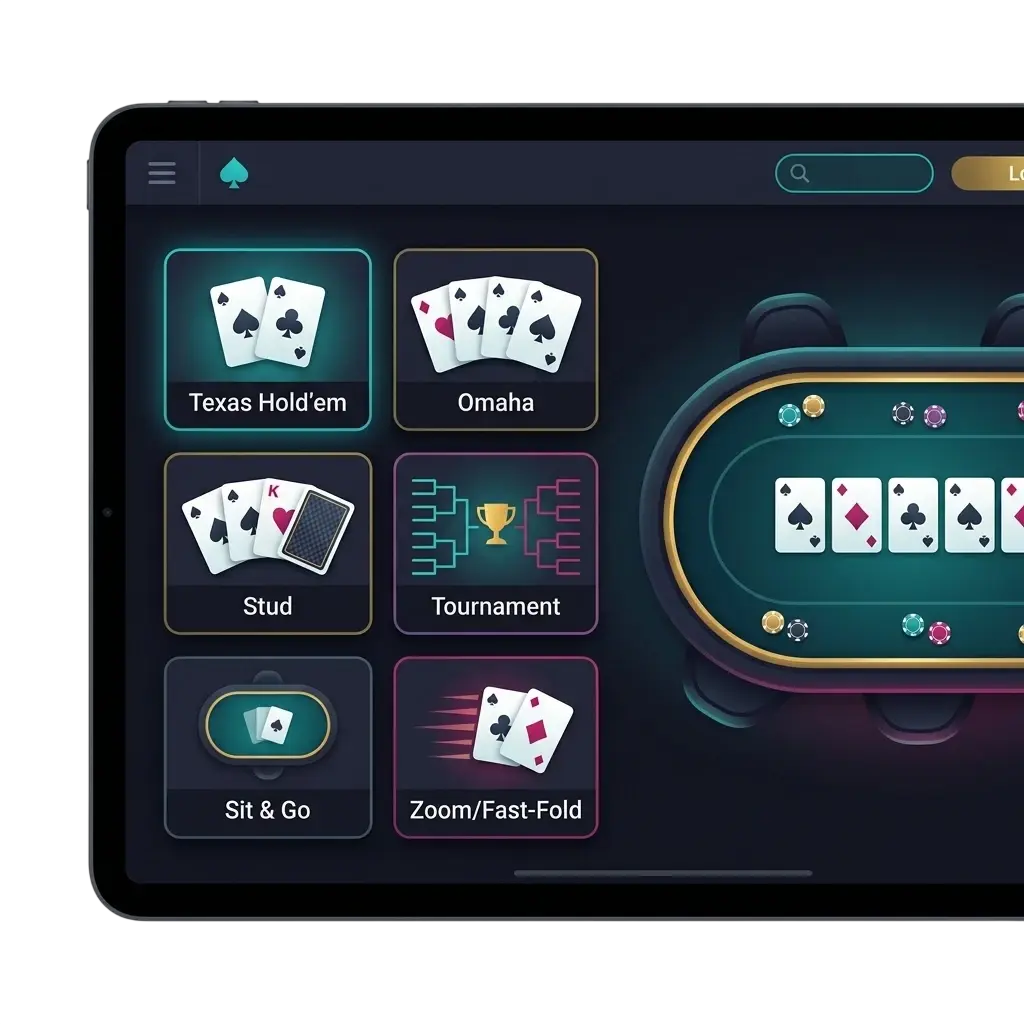 Lobby de póker de Spinanga con variantes Texas Hold'em y Omaha